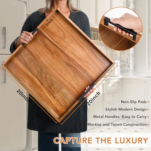 Large Square Ottoman Tray for Living Room and Coffee Table, Decorative Acacia Wood Serving Tray with Metal Handles for Breakfast in Bed, Dinner Food Kitchen TV (Natural, 20" x 20" x 2") - size: 20" x 20" x 2"