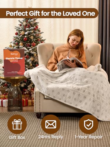 Bearhug Electric Blanket Throw Size, 50" x 60" Heated Blanket with 6 Heating Levels & 4H Auto Shut-Off, Machine Washable Soft Velvet to Sherpa Reversible Heated Throw for Office, Couch and Sofa - color: Snow Gray Honeycomb, size: Throw 50" × 60"