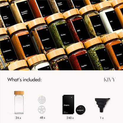 KIVY Spice Jars with Labels [24x 4oz] Glass Seasoning Containers with Airtight Lids for Organization - Empty Square Bottles for Spices & Seasonings with Shaker Lids - Spice Containers Wood Bamboo - size: Bamboo Black