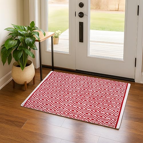 Ramanta Home Cotton Handwoven Reversible Rug 21x34 Inch, Red | Washable Area Rug for Bathroom, Kitchen, Bedroom, Entryway, Handmade Accent Floor Mat - color: Red, size: 21 x 34 inches
