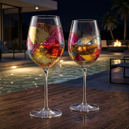 Artisanal Hand Painted Stemmed Wine Glasses - Everyday Celebrations, Gifts Idea for Wife, Mom, Valentine, Holiday Renaissance Romantic Stain-glassed Windows, 2 Set - Gift Idea Birthday, Housewarming - style: Stemmed Glasses Set