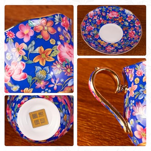 KAMMAK Tea Cup and Saucer, Ceramic Coffee Cups, 6.3 oz, Set of 2 | Porcelain Tea Cups with Saucers for Coffee and Cappuccino, Ideal for Breakfast, Afternoon Tea and Entertaining,643N+644N - style: 643N+644N