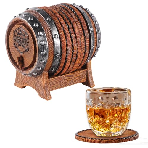 Whiskey Barrel Coasters Set 6 Full Size Non-Slip Cabin Decor Bar Coasters, for dad, Man Cave Gifts for Men and Whiskey Lovers, Rustic Handmade Cup Coaster for The Home - style: Whiskey Barrel-02