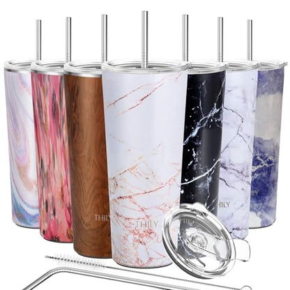 THILY Stainless Steel Vacuum Insulated Tumbler Travel Mug 26 oz Coffee Cup with 2 Lids and Straws, Splash Proof, Keep Ice Drinks Cold, Gold Marble - color: Gold Marble, size: 26 Ounce (Pack of 1)