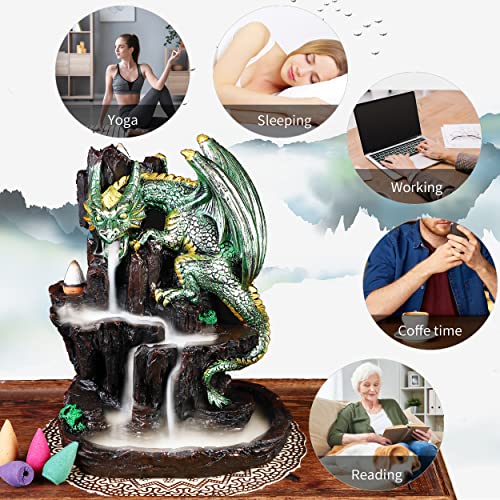 Dragon Backflow 2 Sided Mountain Waterfall Incense Burner,Fountain Smoke Incense Holder with Backflow Incense Cones, Tweezers, Mat，Resin Aromatherapy Meditation (Green) - color: Green