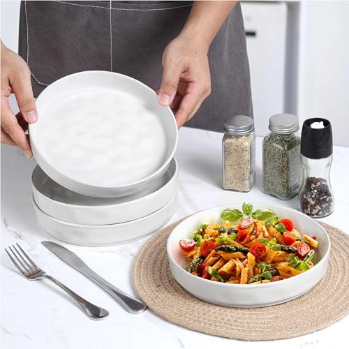 LIANYU 8.25" Wide Shallow Pasta Bowls Set of 4, Deep Dinner Salad Plates | Large Ceramic Serving Bowls Plates, Microwave & Dishwasher Safe, Polar White - color: Polar White
