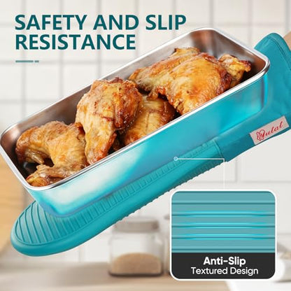 YUTAT Silicone Oven Mitts,High Heat Resistant Up to 500 Degrees,Waterproof Cooking Gloves with Soft Polyester Filling,Kitchen Potholder Set - Perfect for BBQ, Baking and Cooking,Green,2 Pcs Set - color: Green-striped Surface, size: 13“L x 7"W-2 Piece