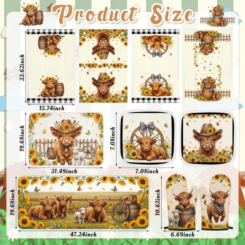 10PCS Highland Cow Kitchen Decor Set, Sunflower Towels Pot Holders Oven Mitts Mats for Home Baking Gifts