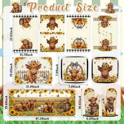 10PCS Highland Cow Kitchen Decor Set, Sunflower Towels Pot Holders Oven Mitts Mats for Home Baking Gifts