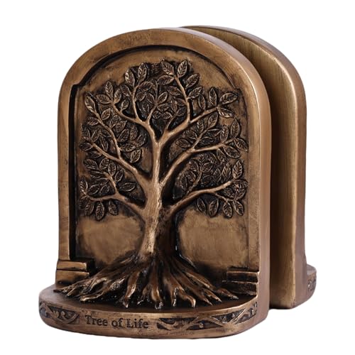 Vintage Bronze Finish Tree of Life Bookends Set, 2 Non-Skid Heavy Bookends for Shelves or Bookcase, Decorative Bookends for Desktop Shelf Decor, Library Office Decor, Home Décor Gift - color: Antique Bronze, size: Small