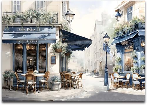 Modern Framed Street View Wall Art European Coffee Shop Canvas Print, Contemporary City Scene Painting, Vintage Cafe Artwork for Kitchen Dining Room Living Room, Bedroom Home Decor, Multi Size - color: Blue 02, size: 24"L x 16"W