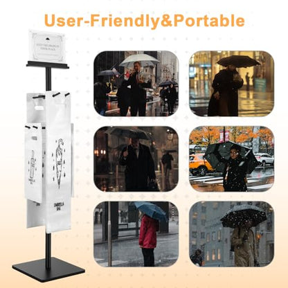 Wet Umbrella Stand with 400 Free Plastic Umbrella Bags disposable for Entry | 4-Side Hanging Umbrella Holder | Magnetic Signs | Dual-Size Umbrella Bag