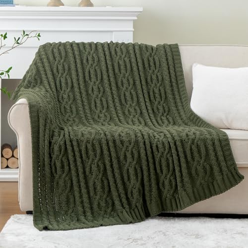 Battilo Olive Green Throw Blanket for Couch, Chunky Cable Knit Blanket, Woven Soft Cozy Chenille Throw Blanket for Bed, Sofa, Chair, Living Room, 51"x67" - color: Olive Green