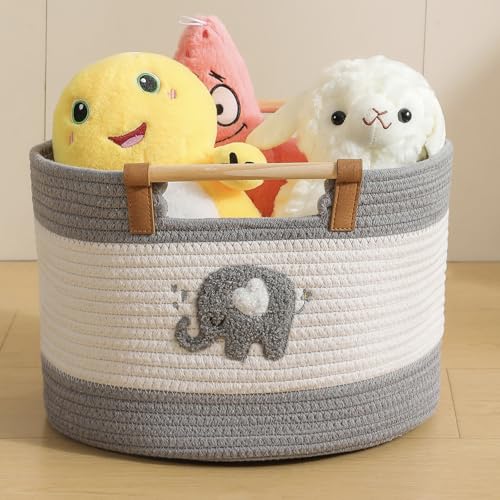 Cotton Rope Baskets for Kids Stuffed Animal Toys Storage for Nursery, Baby Baskets for Gifts Empty, Woven Basket with Wooden Handles Blanket Towel Toy 0rganizer Kids Blanket Storage Bins - color: Elephant, size: Medium