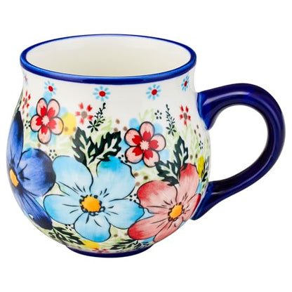 13oz Ceramic Coffee Mug, Hand-Painted Floral Polish Pottery Style Cup, Large Stoneware Tea Mug with Handle, Microwave & Dishwasher Safe (Flower A) - color: Flower A