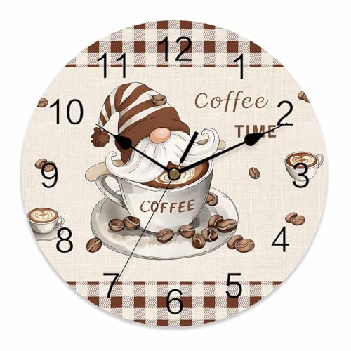 Silent PVC Wall Clock 12 Inch Round Wall Clock Gnomes Coffee Time Brown Plaid Hanging Clock for Kitchen Non Ticking Battery Operated Living Room Mute Clock - color: Coffeecbt3650, size: 12x12inch(30x30cm)