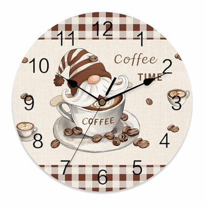 Silent PVC Wall Clock 10 Inch Round Wall Clock Gnomes Coffee Time Brown Plaid Hanging Clock for Kitchen Non Ticking Battery Operated Living Room Mute Clock - color: Coffeecbt3650, size: 10x10inch(25x25cm)