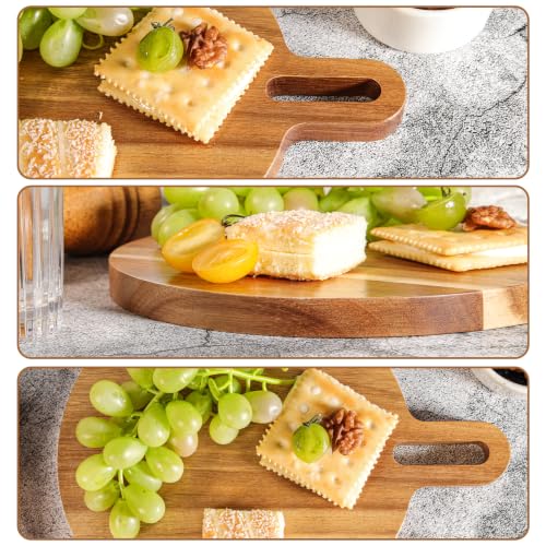 Mini Acacia Wood Round Cutting Board with Handle, Wooden Kitchen Prep Board, Small Chopping Board for Fruit Vegetables Meat Bread Multipurpose Pizza Cheese Serving Tray for Restaurant & Party