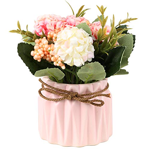 SUPNIU Artificial Hydrangea Bouquet with Small Ceramic Vase Fake Silk Variety Flower Balls Flowers Decoration for Table Home Party Office Wedding (Pink) - color: Pink