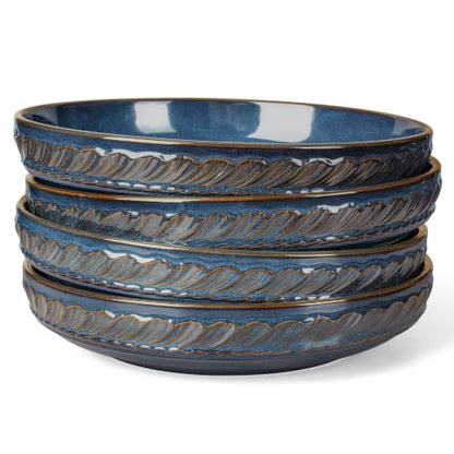 Pasta Bowls, 50oz Large Salad Serving Bowls, 9.75'' Plates Bowls Set of 4, Big Ceramic Soup Bowls for Kitchen, Embossment Shallow Dinner Bowl, Microwave Dishwasher Safe, Willow Leaf, Blue - color: Blue (Willow Leaf)