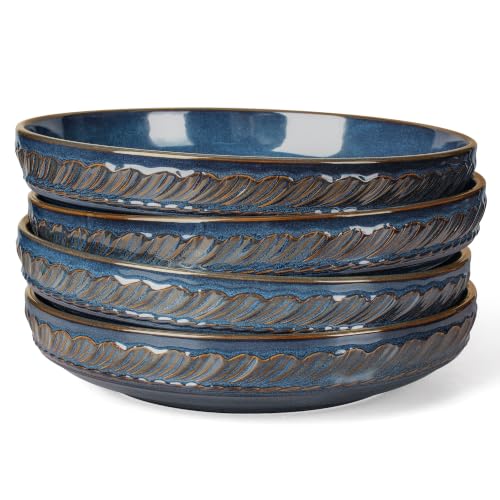 Pasta Bowls, 50oz Large Salad Serving Bowls, 9.75'' Plates Bowls Set of 4, Big Ceramic Soup Bowls for Kitchen, Embossment Shallow Dinner Bowl, Microwave Dishwasher Safe, Willow Leaf, Blue - color: Blue (Willow Leaf)