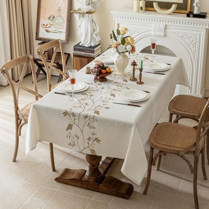 Joyfol Day Rustic Waterproof Linen Tablecloth, Heavy Weight Beige Embroidery Table Cloths for Rectangle Tables, Burlap Farmhouse Table Covers (Coffee Leaves, 55''x 86'') - color: Coffee, size: 86" x 55" (Rectangular)