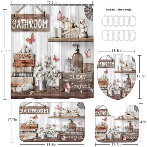 DDQQ 4Pcs Shower Curtain Sets, Farmhouse Style Bathroom Curtains Shower Set, Cupboard Bathroom Decor Sets, Shower Curtain with Rugs, Toilet Lid Cover, Bath Mat and 12 Hooks, 71 x 71 in - color: Cream