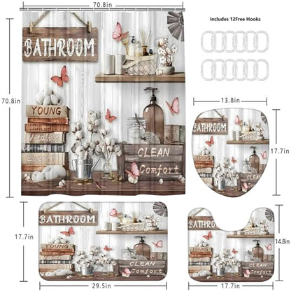 DDQQ 4Pcs Shower Curtain Sets, Farmhouse Style Bathroom Curtains Shower Set, Cupboard Bathroom Decor Sets, Shower Curtain with Rugs, Toilet Lid Cover, Bath Mat and 12 Hooks, 71 x 71 in - color: Cream