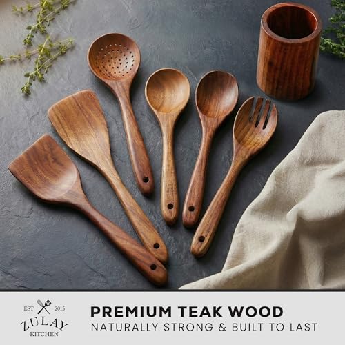 Zulay Kitchen 7-Piece Wooden Cooking Spoons Set – Heat-Resistant, Smooth Teak Utensils with Comfort Grip – Lightweight & Durable – Easy to Clean, Perfect for Non-Stick Cookware - size: 7 Piece
