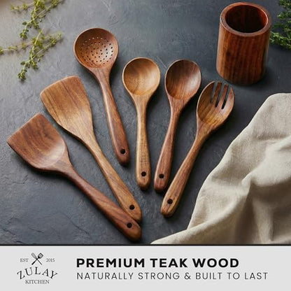 Zulay Kitchen 7-Piece Wooden Cooking Spoons Set – Heat-Resistant, Smooth Teak Utensils with Comfort Grip – Lightweight & Durable – Easy to Clean, Perfect for Non-Stick Cookware - size: 7 Piece