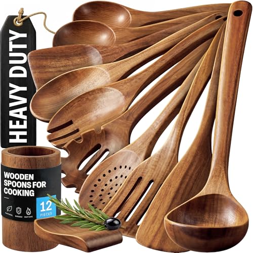 Zulay Kitchen 12-Piece Teak Wooden Utensils for Cooking - Natural Teak Utensil Set with Premium Gift Box - Non-Stick Wooden Spoons for Cooking - Kitchen Gift Set - Comfortable Grip Wooden Utensil Set - size: 12 Piece