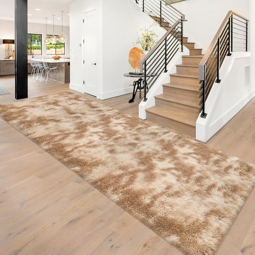Super Soft Fluffy Living Room Area Rugs 3x10 ft Tie-Dyed Beige Shaggy Furry Carpet Washable Non-Slip Floor Rug Bedroom Bedside Nursery Rug Fuzzy Girls Boy Reduce Noise Dorm Home Decor - color: Tie-dyed Beige, size: 3' x 10' (Runner)