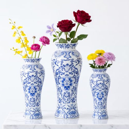 LemonRoad 3 Pack Chinoiserie Vases Porcelain Blue and White Vases for Flowers Pottery Chinoiserie Ceramic Vase for Living Room Mother's Day Decor Table Centerpiece, 6.7", 8.3", 10"(Modern) - style: Modern