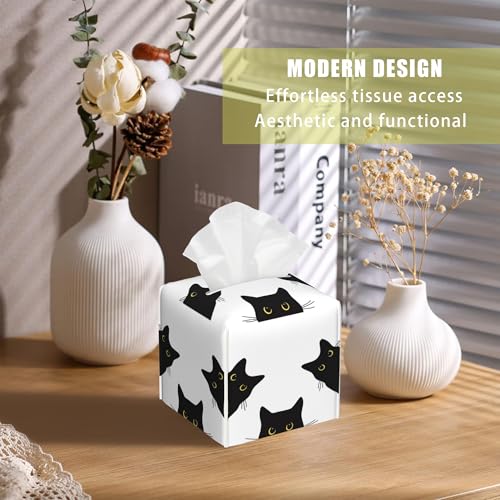 Black Cat Tissue Box Cover Square, Tissue Box Holder with Bottom Belt Leather Facial Paper Organizer Dispenser for Bathroom Bedroom Dresser Night Stand Tabletop - color: Black Cat