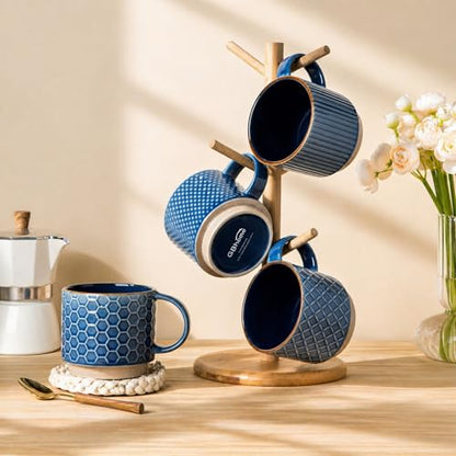GBhome 12 OZ Stackable Coffee Mugs, Ceramic Coffee Mugs with Texture Patterns for Man,Woman,Dad,Mom, Modern Coffee Cups Set of 4 for Latte/Cappuccino/Cocoa. Dishwasher&Microwave Safe | 4 Assorted Designs, Embossed Mugs with Texture Patterns for Tea/Coffee