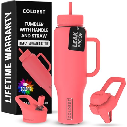 Coldest Tumbler with Handle and Straw - 100% Leak Proof Insulated Tumbler with Lid and Straw (3 Lids) - Stainless Steel Tumblers for Women & Men - Cup Holder Friendly Base, 46 oz (The Cardinal) - color: The Cardinal, size: 46 oz