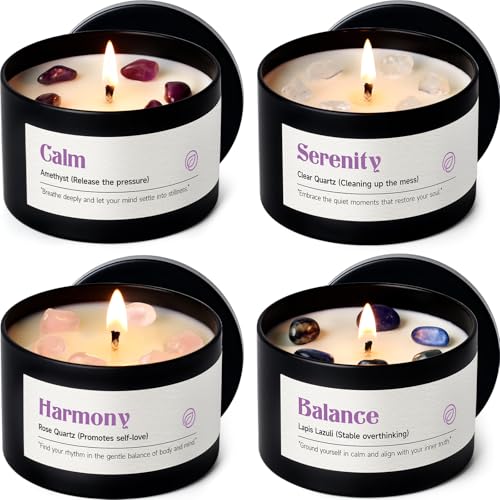 AOOVOO Crystal Soothing Candles Set for Women - Soy Candle for Home Scented | 4 Pack 26 oz, 200 Hour Long Lasting Candle, Calm Amethyst/Serenity Clear Quartz/Harmony Rose Quartz/Balance Lapis Lazuli - color: Soothing Candles Set
