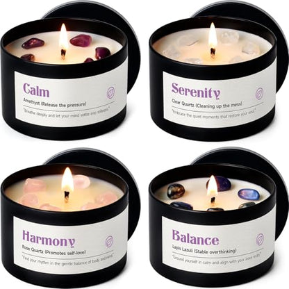 AOOVOO Crystal Soothing Candles Set for Women - Soy Candle for Home Scented | 4 Pack 26 oz, 200 Hour Long Lasting Candle, Calm Amethyst/Serenity Clear Quartz/Harmony Rose Quartz/Balance Lapis Lazuli - color: Soothing Candles Set