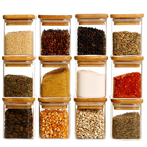 HHMJSM 12 Pcs Square Glass Spice Jars with Natural Bamboo Lids - 5oz Airtight Herb Containers with 148 Waterproof Minimalist Spice Labels Preprinted - Empty Small Seasoning Jars for Kitchen Pantry - color: 5oz(12pcs)