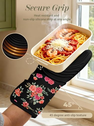 Slohif Long Silicone Oven Mitts Heat Resistant for Women - 2 Pcs Rose 100% Cotton Oven Gloves, Non-Slip and Waterproof Silicone Oven Mitts with Hanger for Baking and Cooking - color: Rose