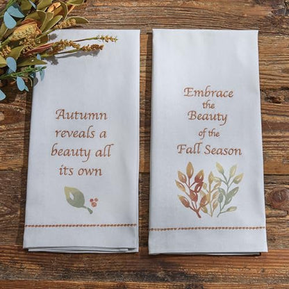 Park Designs Embrace The Beauty Dishtowel Set of 2 | 100% Cotton | Embroidered Fall Leaf Quote | Green to Yellow Ombre Print | Autumn Farmhouse Kitchen Decor - color: Embrace the Beauty Dishtowel Set of 2
