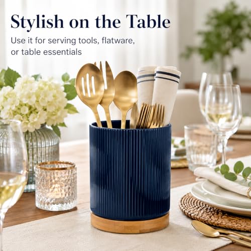 360° Rotating Cooking Utensil Holder, Kitchen Utensil Holder for Countertop | Utensil Crock for Kitchen Counter with Rotatable Wooden Base,Ideal Housewarming Gift & Mothers Day Gift-Blue - color: Blue