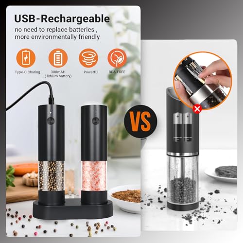 Electric Salt and Pepper Grinder Set - Rechargeable Automatic Salt and Pepper Shakers, Upgraded Larger Capacity with Storage Base, Home and Kitchen Appliances Birthday Gifts for Women Mom (Black)