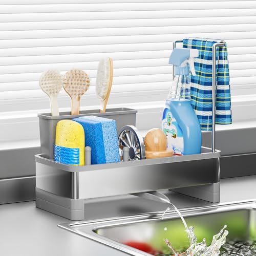Ewaiira Stainless Steel Sink Caddy, Sponge Holder for Kitchen Sink 9.8″ | with Brush Holder Dishcloth Rack, Rustproof Sink Organizer Countertop, Soap Kitchen Organizers Storage Essentials, Gray - color: C-gray