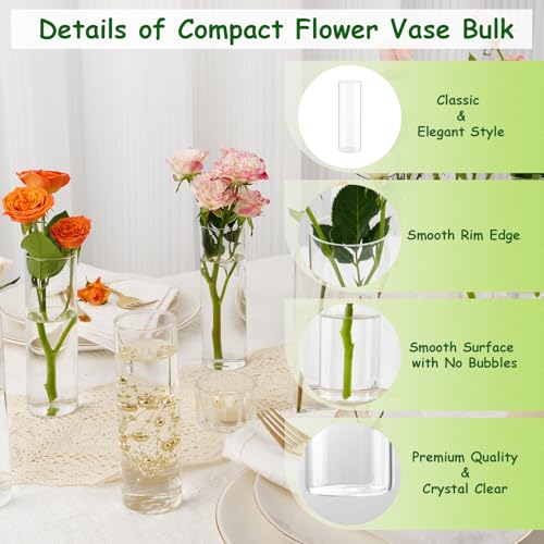 5.9" Cylinder Glass Bud Vases Set of 10 Mini Clear Skinny Vase Small Glass Vases for Flowers Cylinder Vases for Centerpieces Bulk Bud Vase Floral Vase Decor for Wedding Bridal Shower Birthday