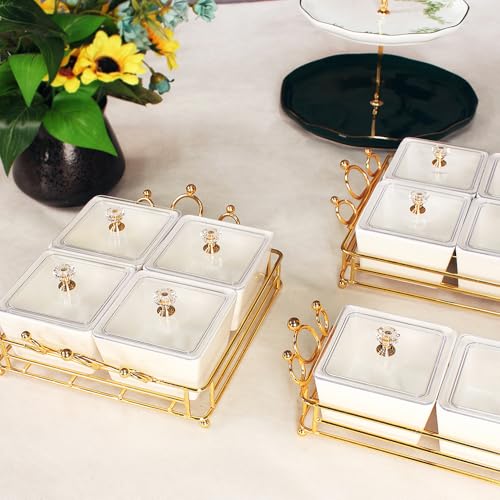 YA JU Ceramic Bowls and with Lid Gold Basket Trays, 3 Removable Small Bowls Condiment Trays Nut Serving Set for Snacks, Fruits, Candy and Condiments - Great for Parties, Holiday Gifts, White - color: White 3 Removable snack Bowls