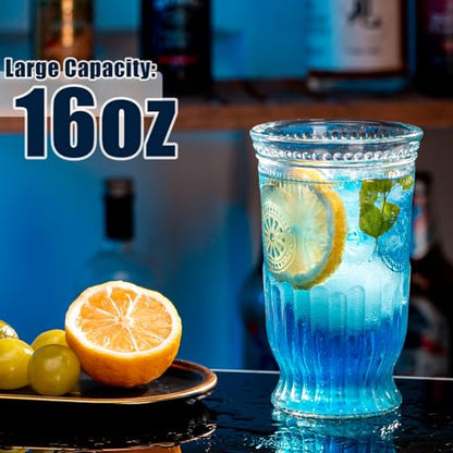 Vintage Drinking Glasses, 8 pcs Embossed Designed Highball Glasses, 16oz Glass Cups, Tall Water Glass Tumbler, Mojito Cup, Cocktail Glass, Vintage Glassware Set for Juice, Cocktail, Whiskey