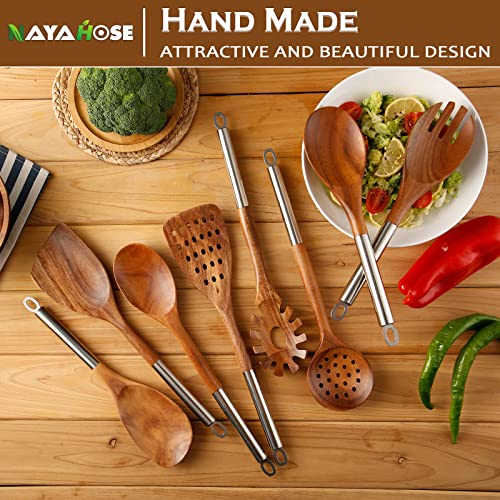 10PCS Teak Wooden Utensils Set With Holder & Spoon Rest, Stainless Handle | Non-scratch, Durable, Non Toxic, Non-Stick, Smooth Finish, Easy to Clean, Comfort Grip, House Warming Gift - size: 10Pcs Set