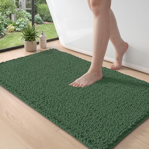 DEXI Bathroom Rugs 43x24, Super Soft Thick Chenille Absorbent Bath Mat, Non Slip Machine Washable Fluffy Shag Bathmat for Tub, Shower Floor, Green - color: Green, size: 43" X 24" (Rectangular)