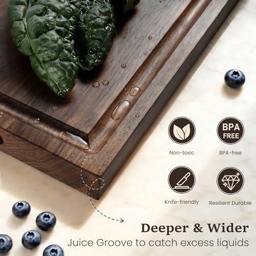 Empune Black Walnut Wood Cutting Boards for Kitchen Wooden Cutting Board with Handle, Chopping Board with Built-in Juice Groove & Well, Heavy-duty Charcuterie Board Butcher Block, 16.5x11.8x1.4 Inches - color: Black Walnut
